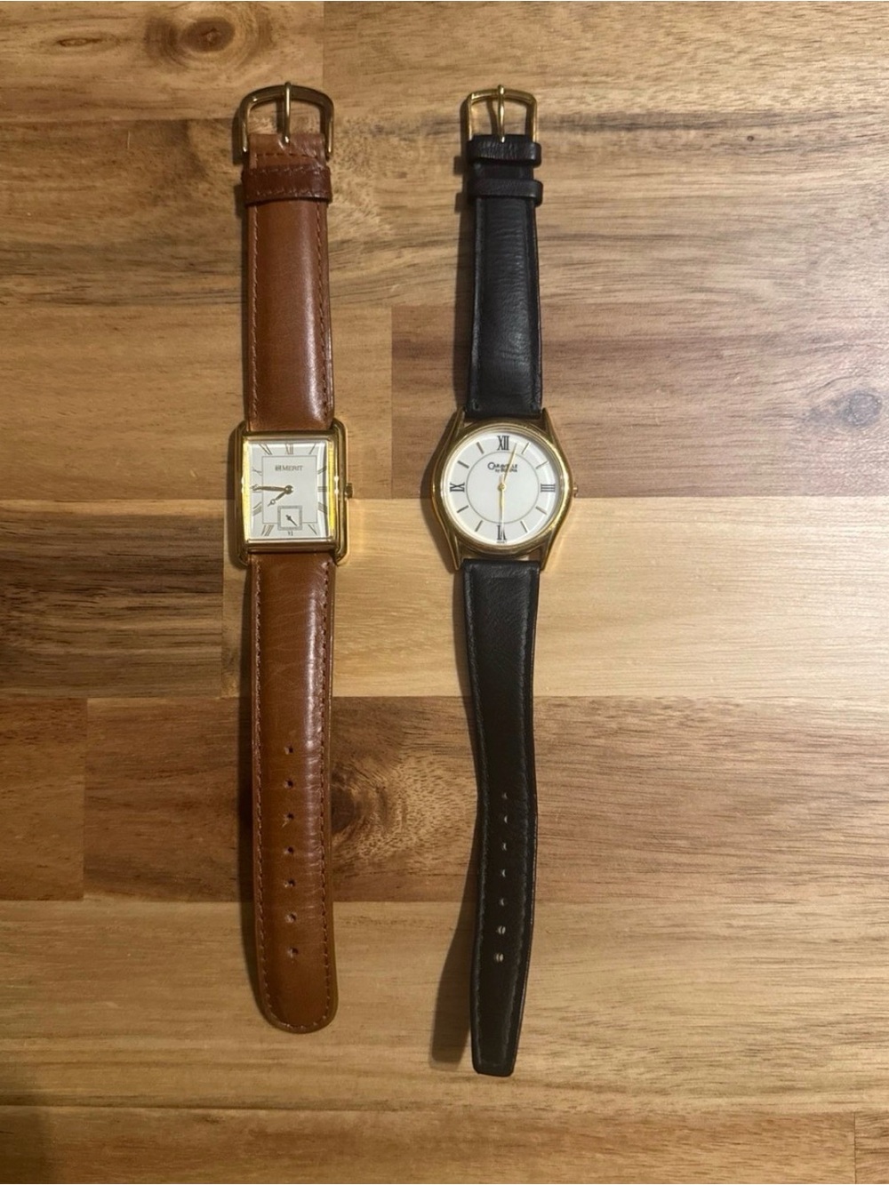 Vintage Watch Set with Black & Brown Leather Bands | Carevale by Bulova + Merit